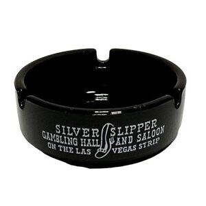 VTG SILVER SLIPPER SALOON CASINO ASHTRAY BLACK GLASS 3.5" DIAM LAS VEGAS STRIP